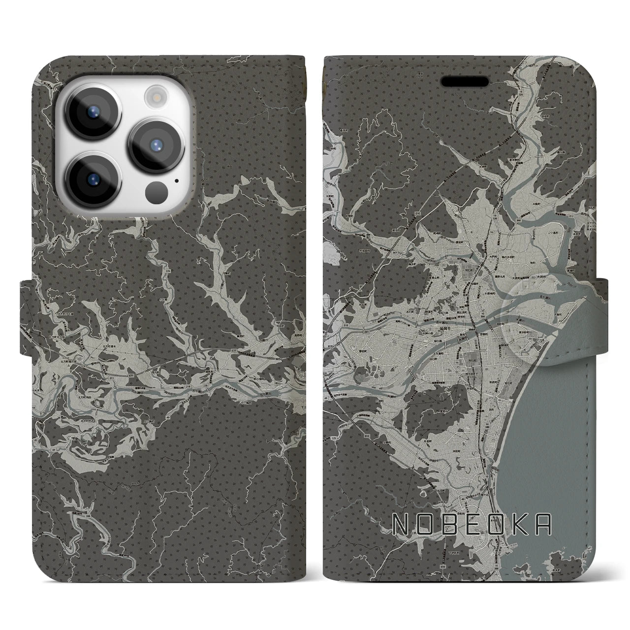 【延岡(宮崎県)】地図柄iPhoneケース(手帳タイプ)モノトーン・iPhone 14 Pro 用
