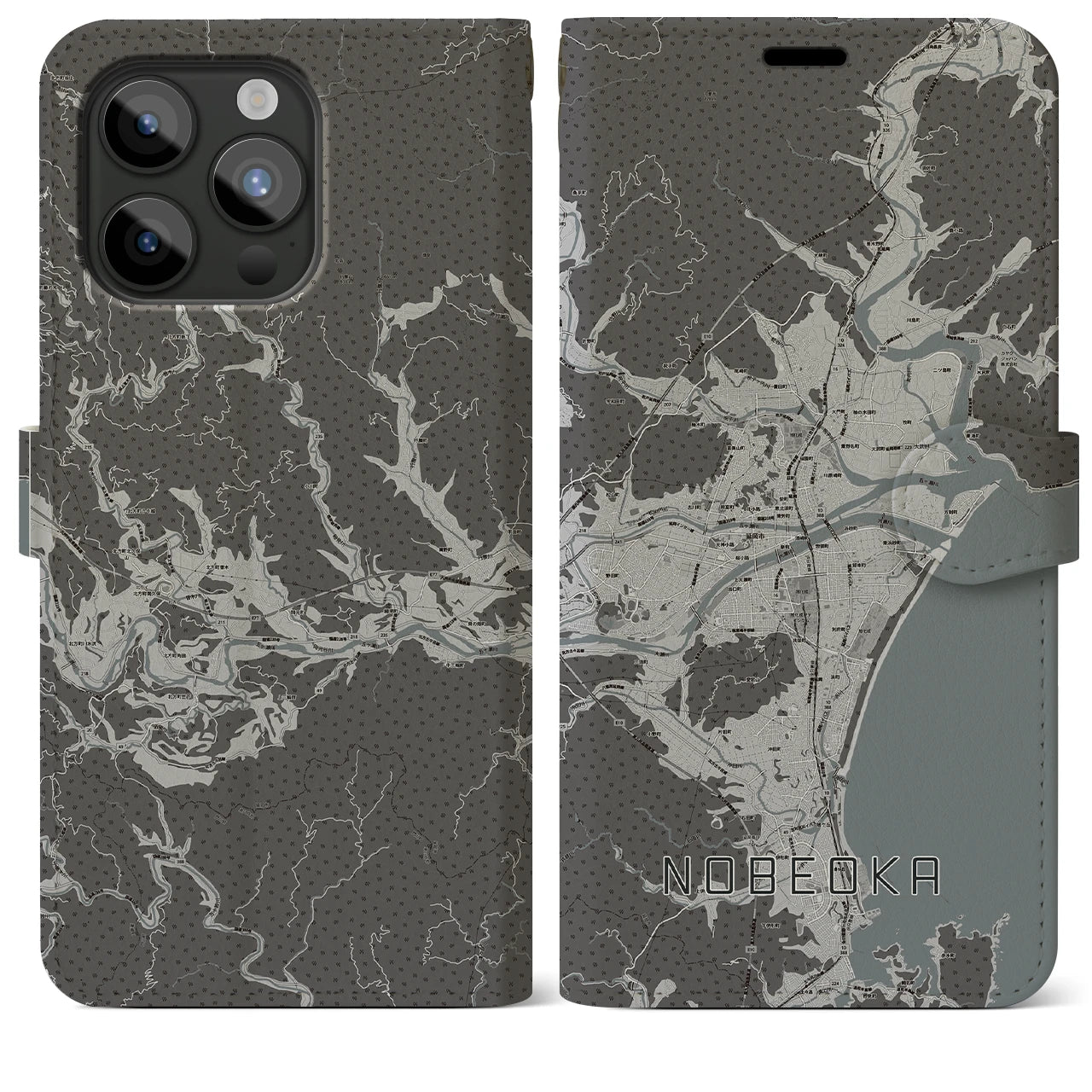 【延岡(宮崎県)】地図柄iPhoneケース(手帳タイプ)モノトーン・iPhone 15 Pro Max 用