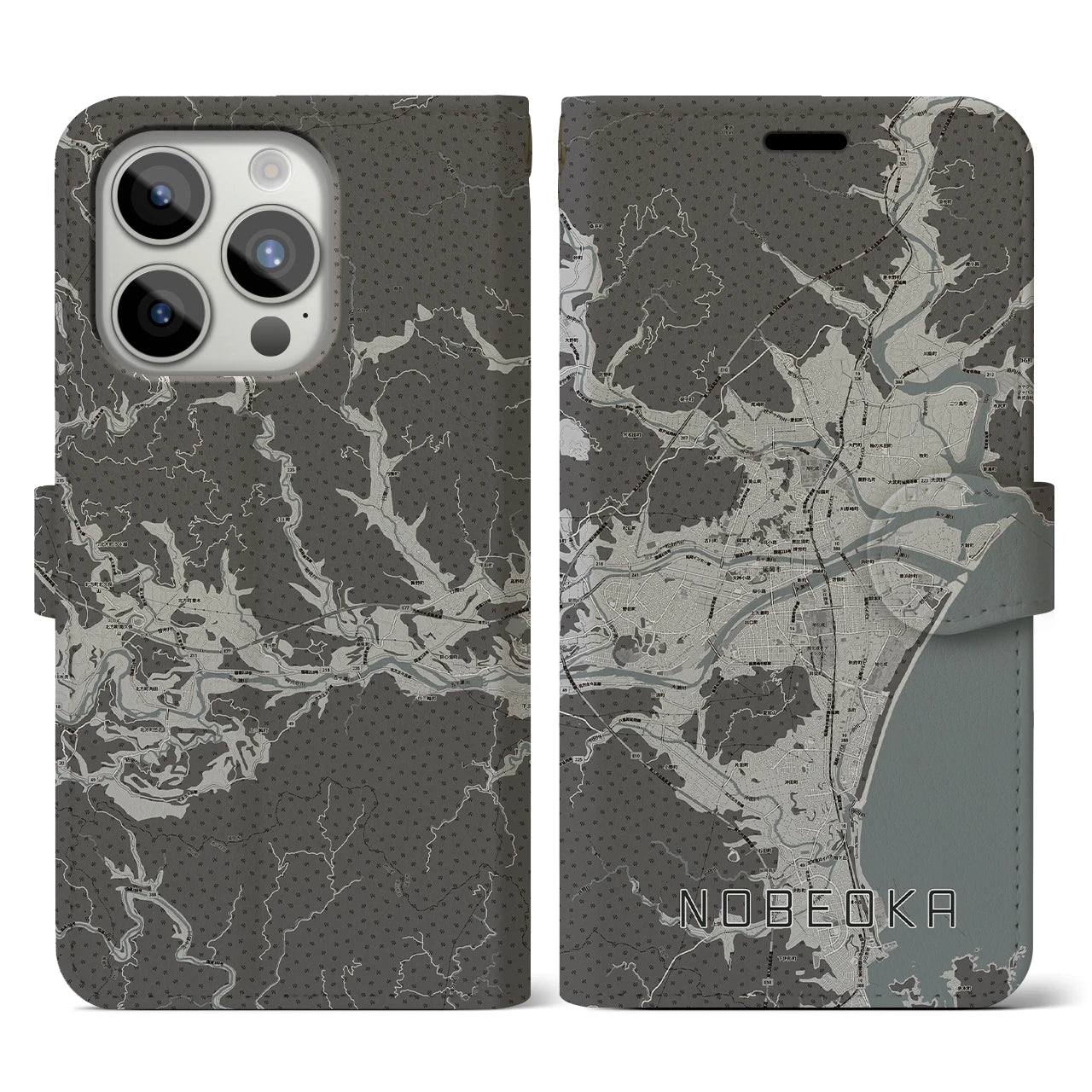【延岡(宮崎県)】地図柄iPhoneケース(手帳タイプ)モノトーン・iPhone 15 Pro 用