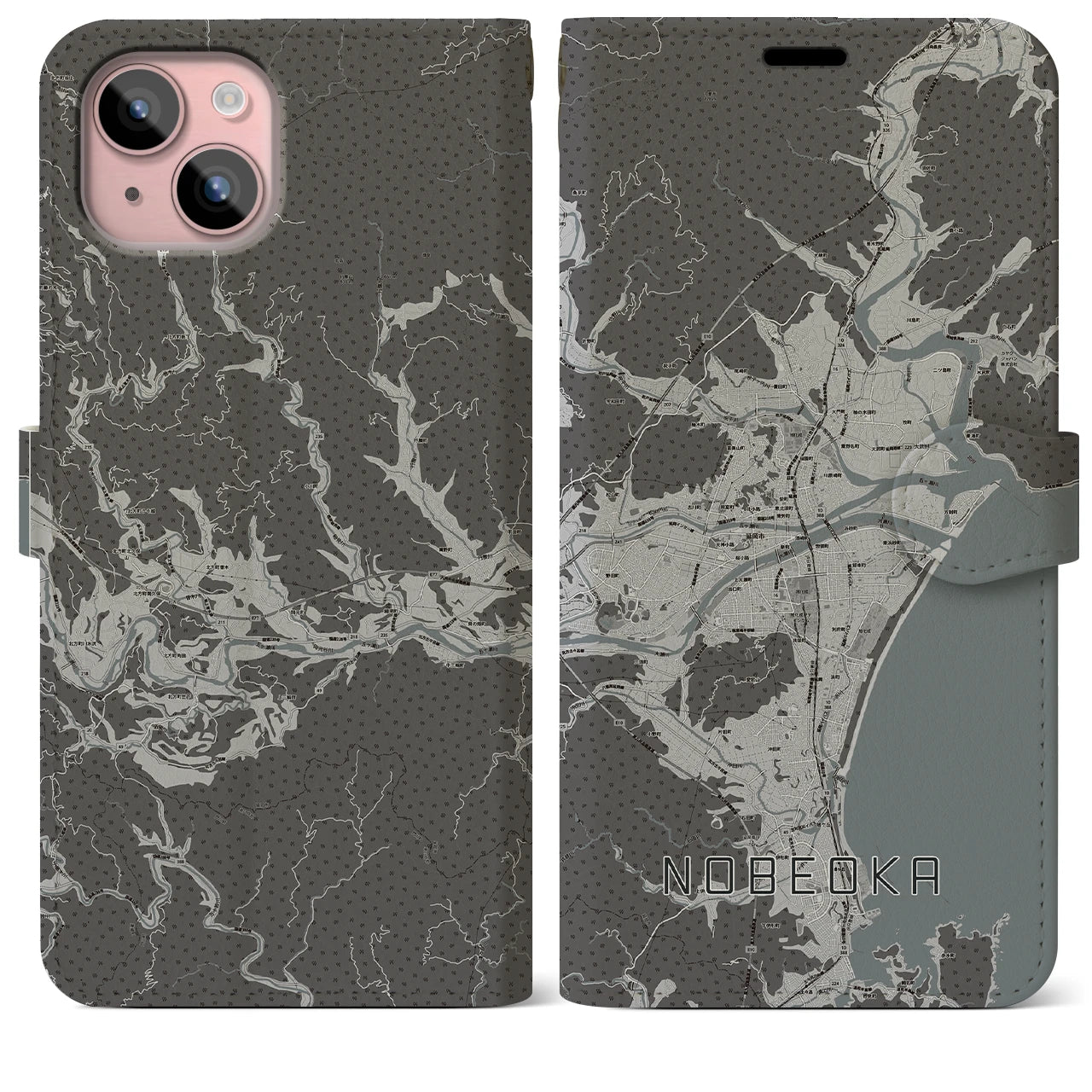 【延岡(宮崎県)】地図柄iPhoneケース(手帳タイプ)モノトーン・iPhone 15 Plus 用