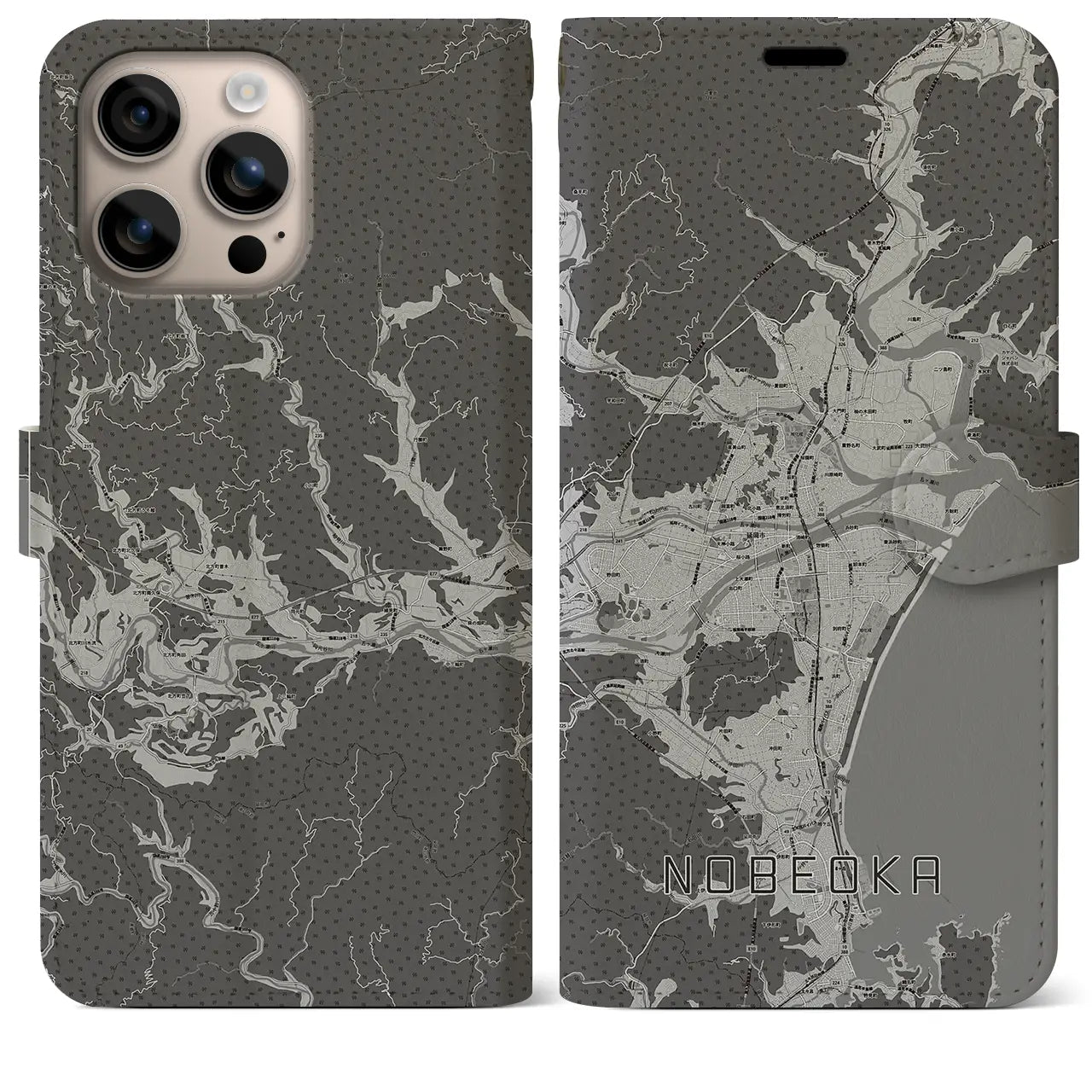 【延岡(宮崎県)】地図柄iPhoneケース(手帳タイプ)モノトーン・iPhone 16 Plus 用