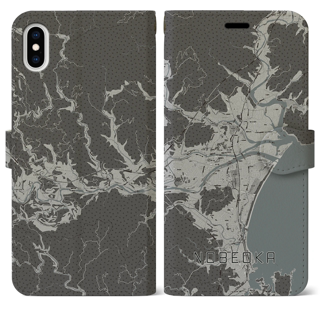 【延岡(宮崎県)】地図柄iPhoneケース(手帳タイプ)モノトーン・iPhone XS Max 用