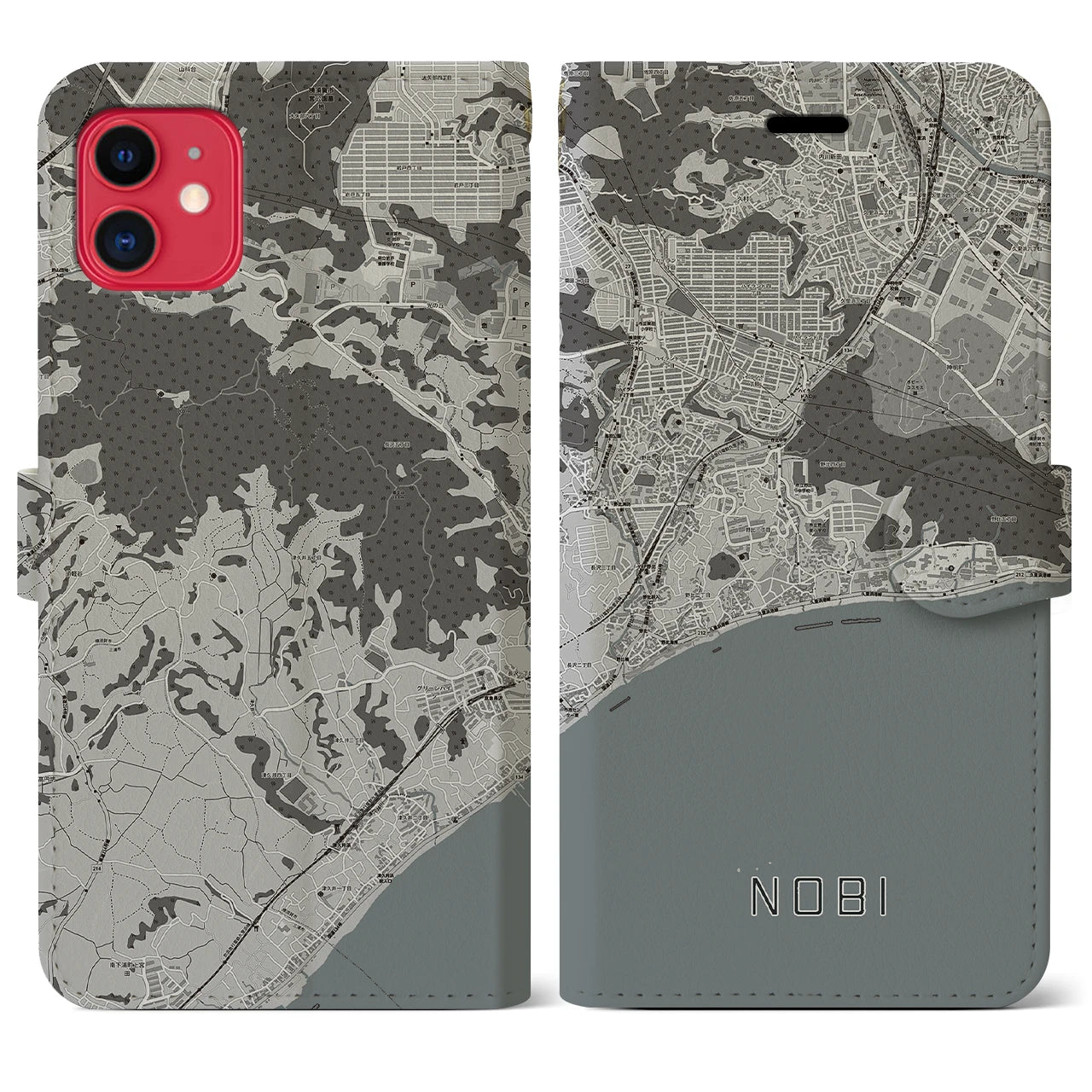 【野比(神奈川県)】地図柄iPhoneケース(手帳タイプ)モノトーン・iPhone 11 用
