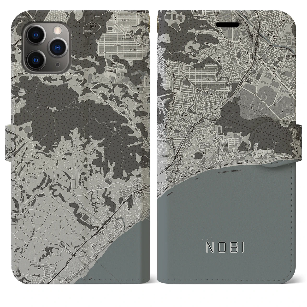 【野比(神奈川県)】地図柄iPhoneケース(手帳タイプ)モノトーン・iPhone 11 Pro Max 用