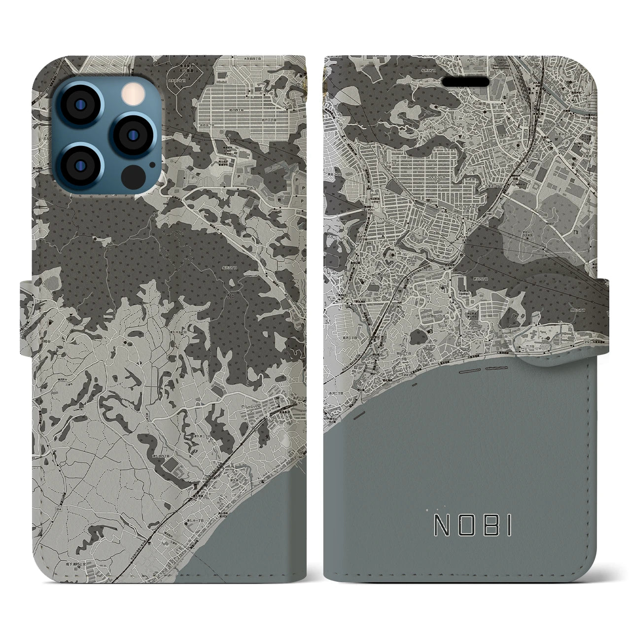 【野比(神奈川県)】地図柄iPhoneケース(手帳タイプ)モノトーン・iPhone 12 / 12 Pro 用