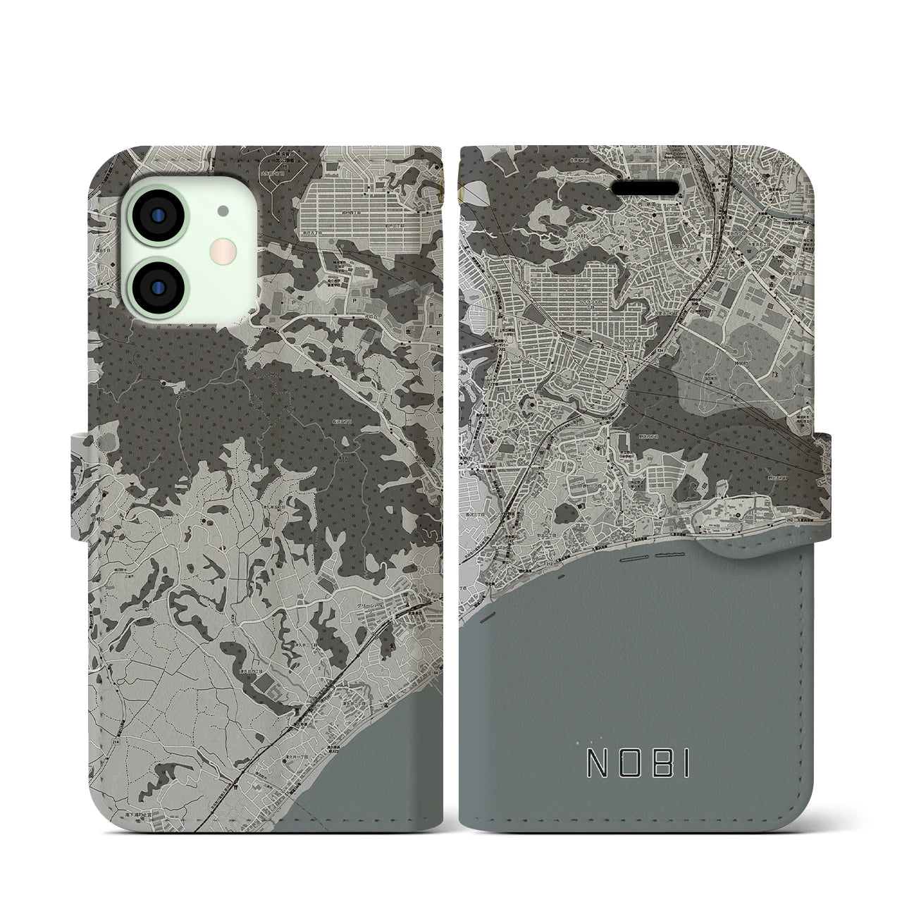 【野比(神奈川県)】地図柄iPhoneケース(手帳タイプ)モノトーン・iPhone 12 mini 用