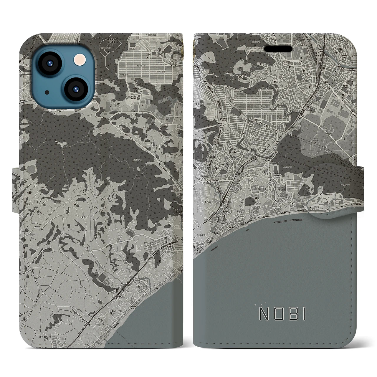 【野比(神奈川県)】地図柄iPhoneケース(手帳タイプ)モノトーン・iPhone 13 用