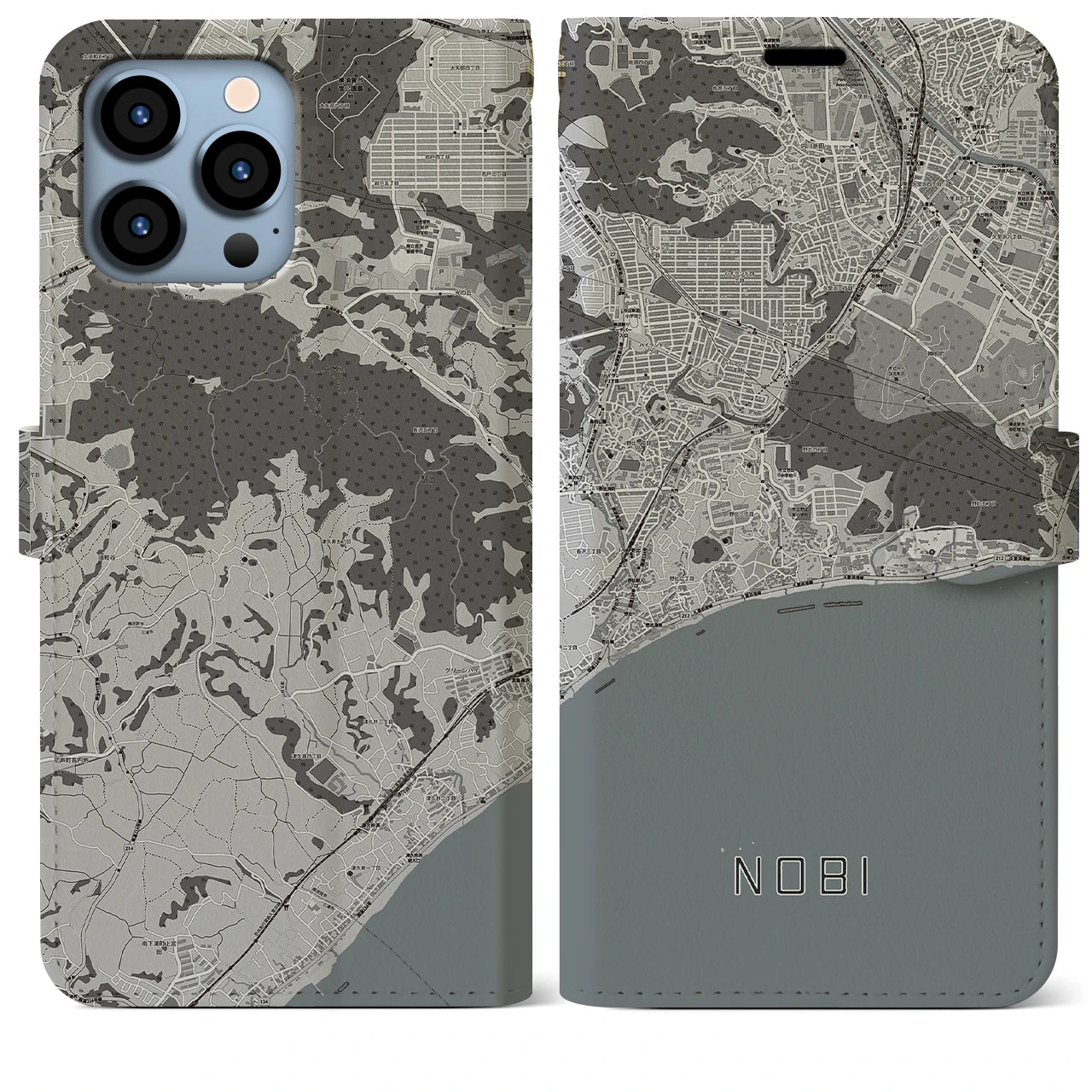 【野比(神奈川県)】地図柄iPhoneケース(手帳タイプ)モノトーン・iPhone 13 Pro Max 用