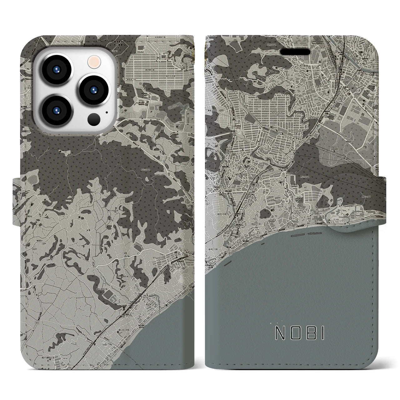 【野比(神奈川県)】地図柄iPhoneケース(手帳タイプ)モノトーン・iPhone 13 Pro 用