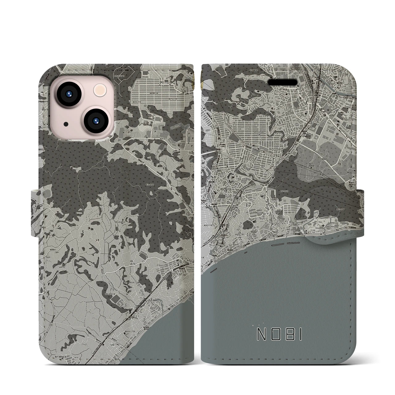 【野比(神奈川県)】地図柄iPhoneケース(手帳タイプ)モノトーン・iPhone 13 mini 用