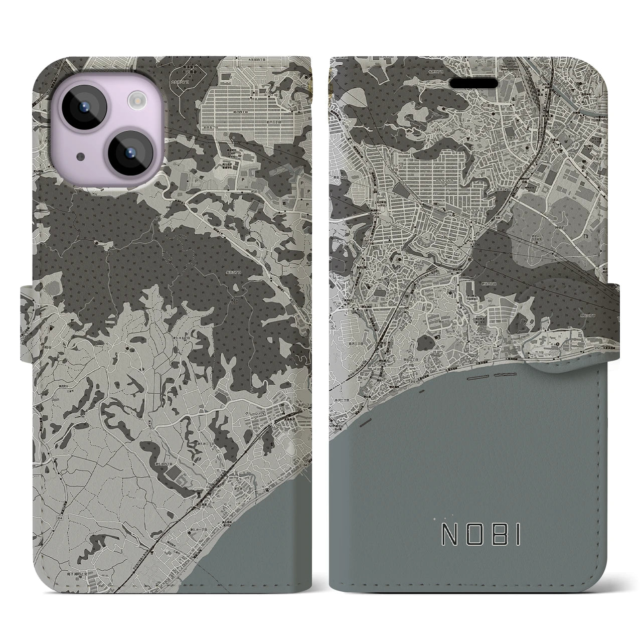 【野比(神奈川県)】地図柄iPhoneケース(手帳タイプ)モノトーン・iPhone 14 用