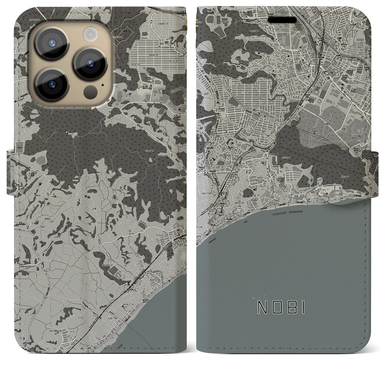 【野比(神奈川県)】地図柄iPhoneケース(手帳タイプ)モノトーン・iPhone 14 Pro Max 用