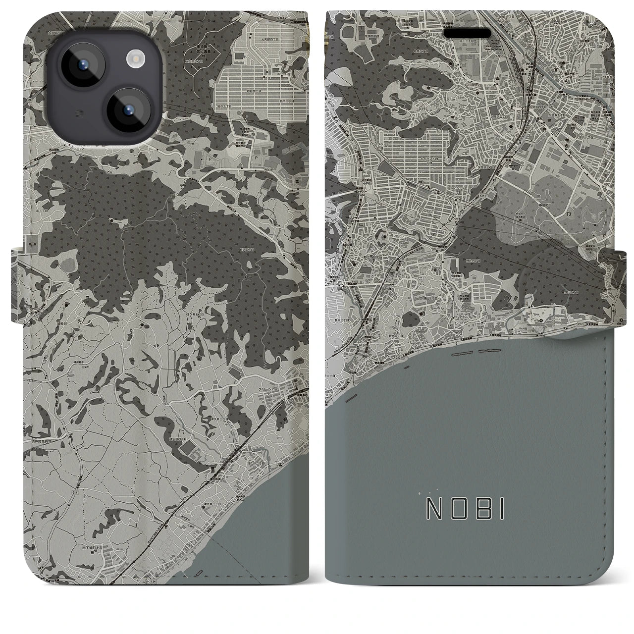 【野比(神奈川県)】地図柄iPhoneケース(手帳タイプ)モノトーン・iPhone 14 Plus 用