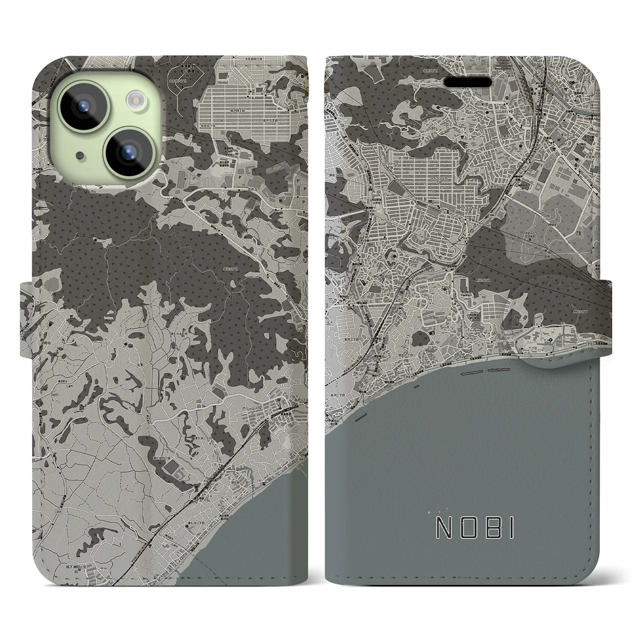 【野比(神奈川県)】地図柄iPhoneケース(手帳タイプ)モノトーン・iPhone 15 用