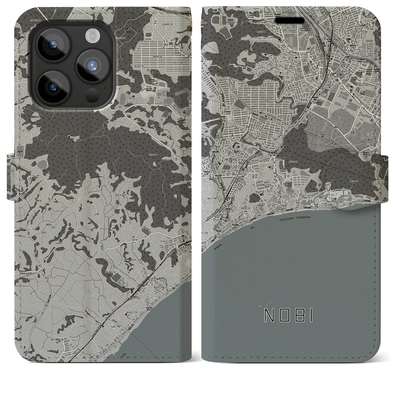 【野比(神奈川県)】地図柄iPhoneケース(手帳タイプ)モノトーン・iPhone 15 Pro Max 用