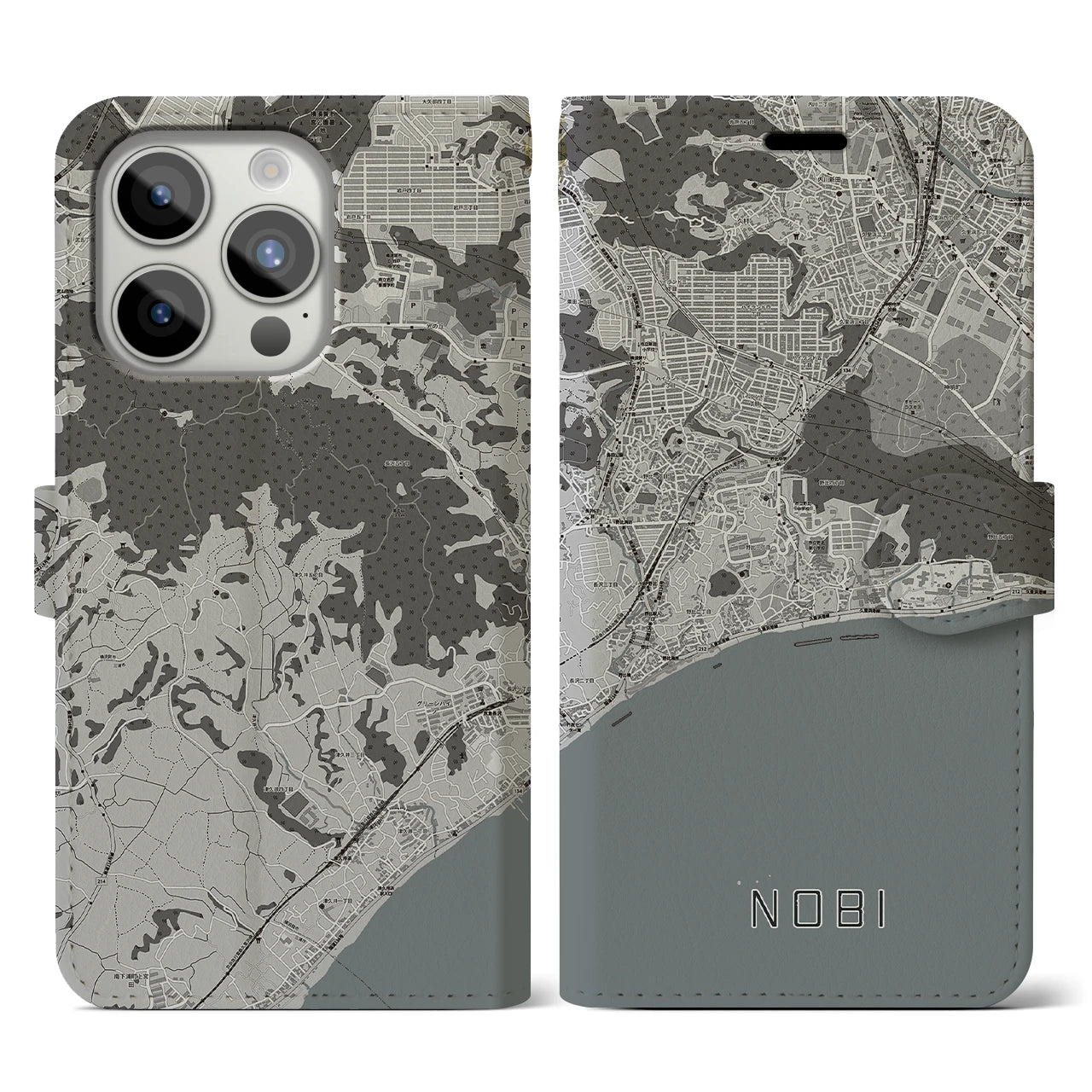 【野比(神奈川県)】地図柄iPhoneケース(手帳タイプ)モノトーン・iPhone 15 Pro 用