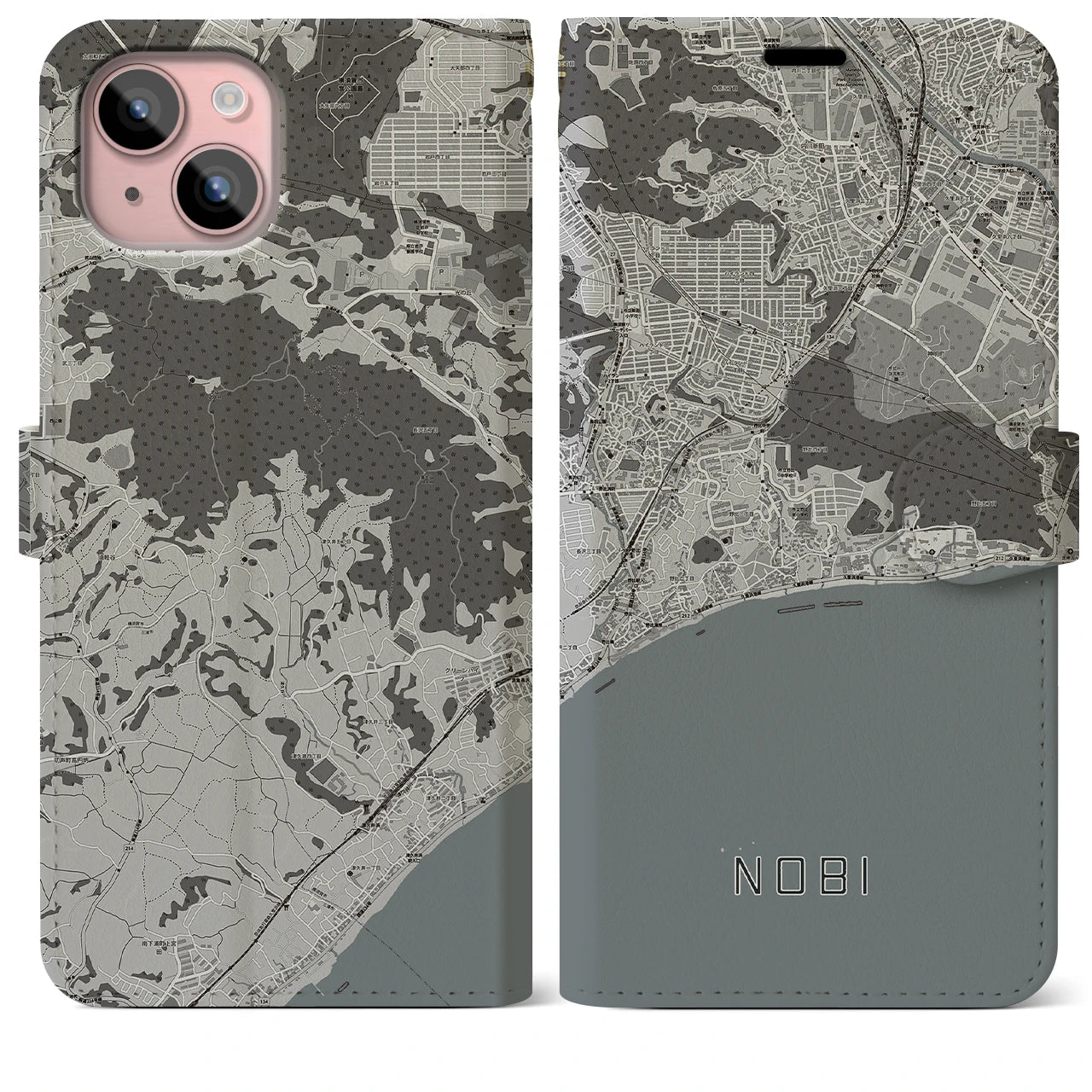 【野比(神奈川県)】地図柄iPhoneケース(手帳タイプ)モノトーン・iPhone 15 Plus 用