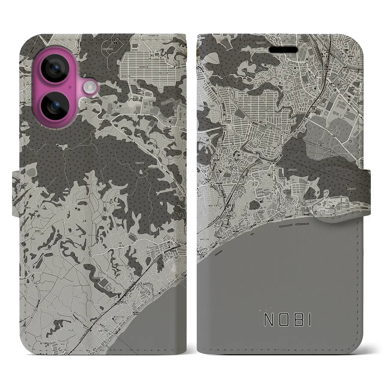 【野比(神奈川県)】地図柄iPhoneケース(手帳タイプ)モノトーン・iPhone 16 Pro 用