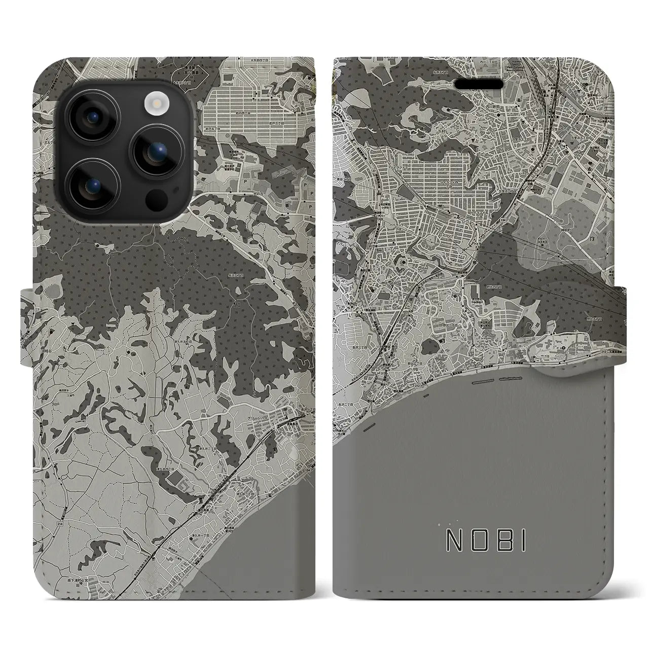 【野比(神奈川県)】地図柄iPhoneケース(手帳タイプ)モノトーン・iPhone 16 用
