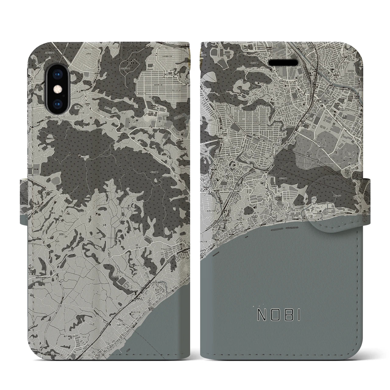 【野比(神奈川県)】地図柄iPhoneケース(手帳タイプ)モノトーン・iPhone XS / X 用