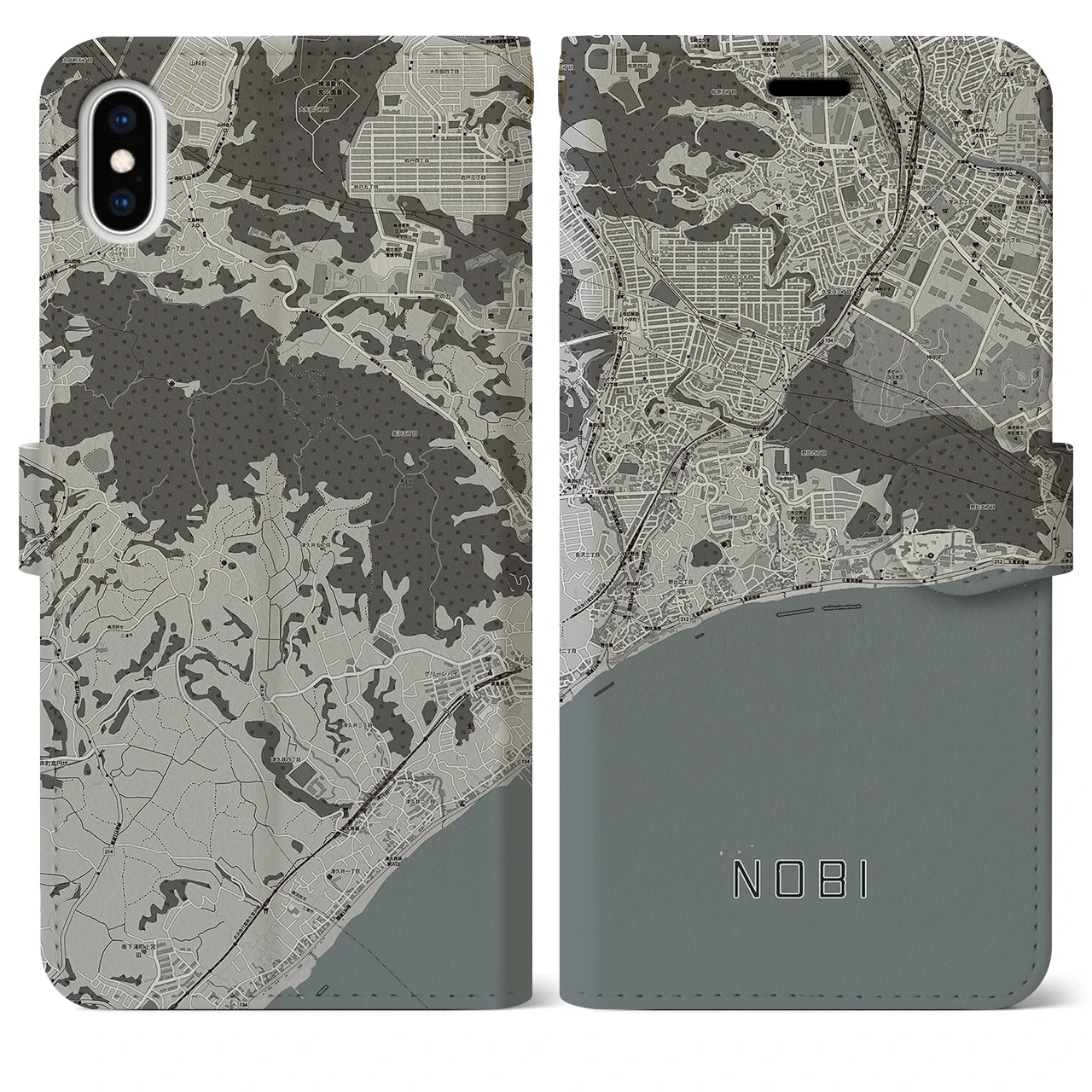 【野比(神奈川県)】地図柄iPhoneケース(手帳タイプ)モノトーン・iPhone XS Max 用