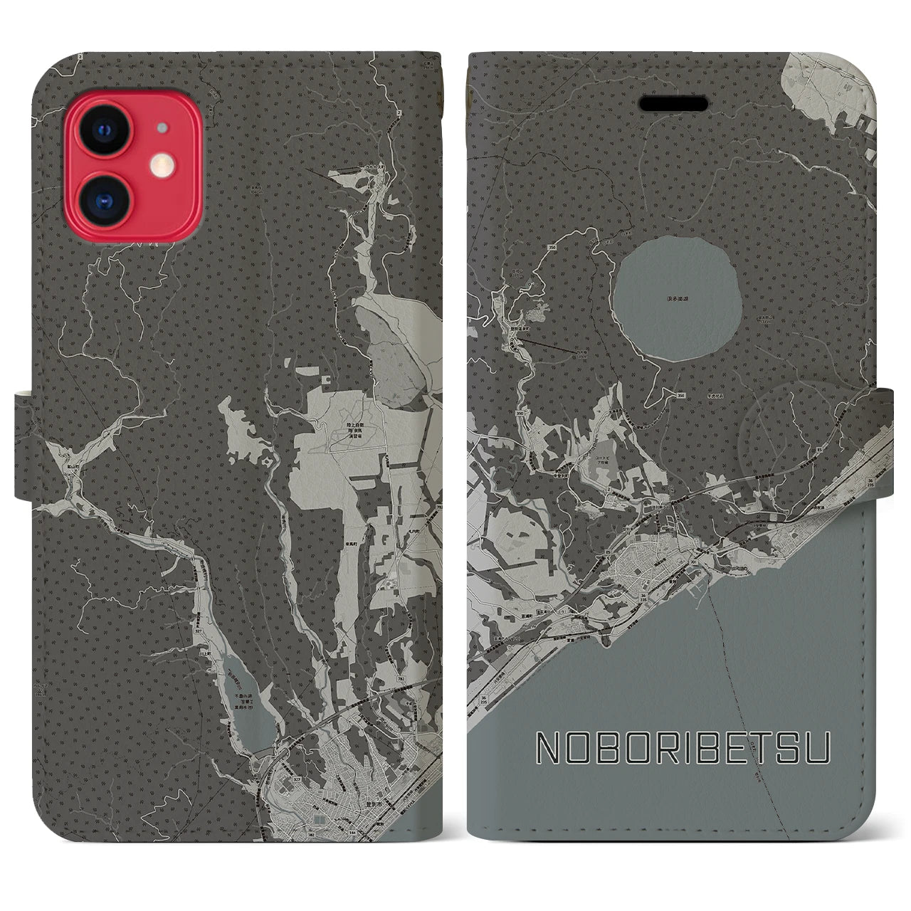 【登別(北海道)】地図柄iPhoneケース(手帳タイプ)モノトーン・iPhone 11 用