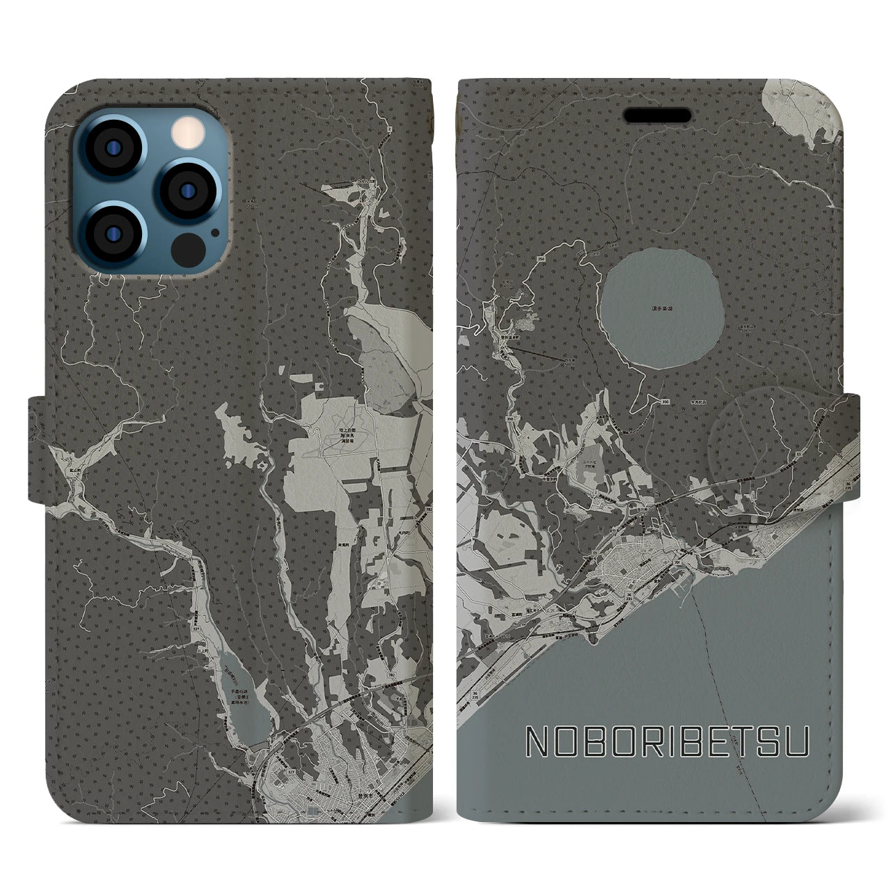 【登別(北海道)】地図柄iPhoneケース(手帳タイプ)モノトーン・iPhone 12 / 12 Pro 用
