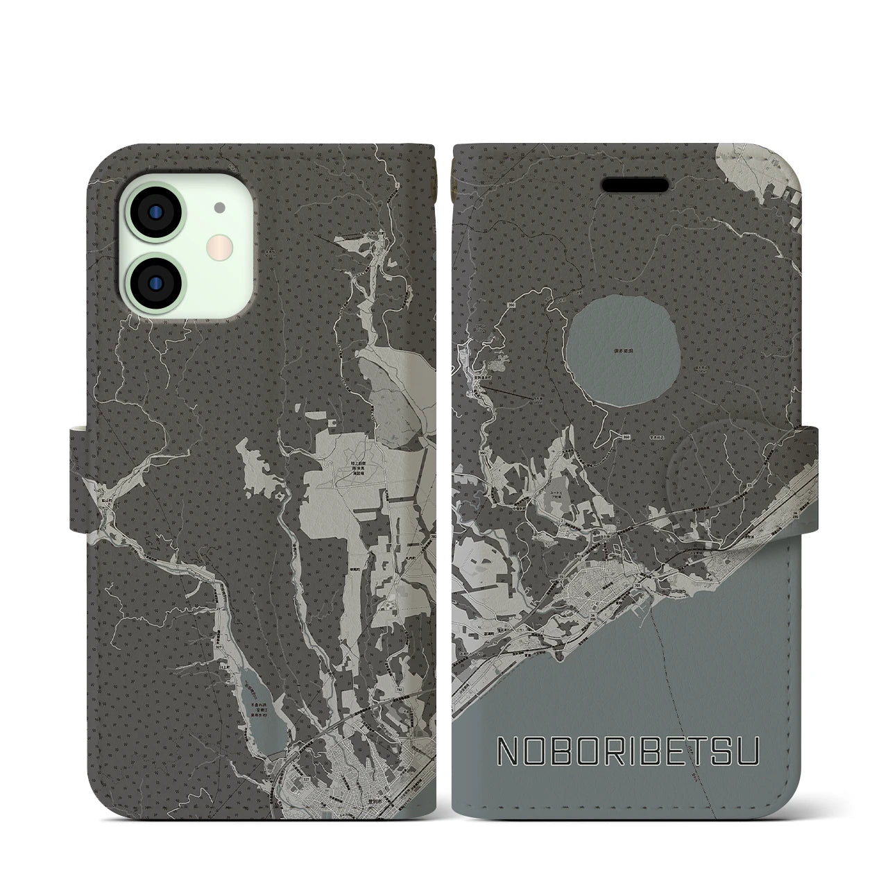 【登別(北海道)】地図柄iPhoneケース(手帳タイプ)モノトーン・iPhone 12 mini 用