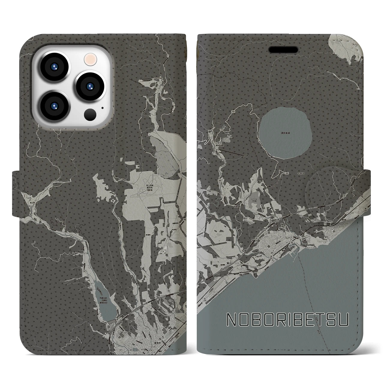 【登別(北海道)】地図柄iPhoneケース(手帳タイプ)モノトーン・iPhone 13 Pro 用