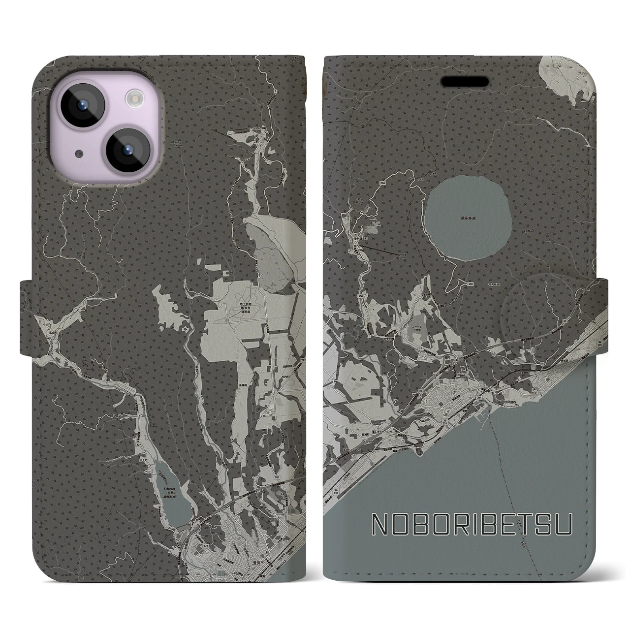 【登別(北海道)】地図柄iPhoneケース(手帳タイプ)モノトーン・iPhone 14 用