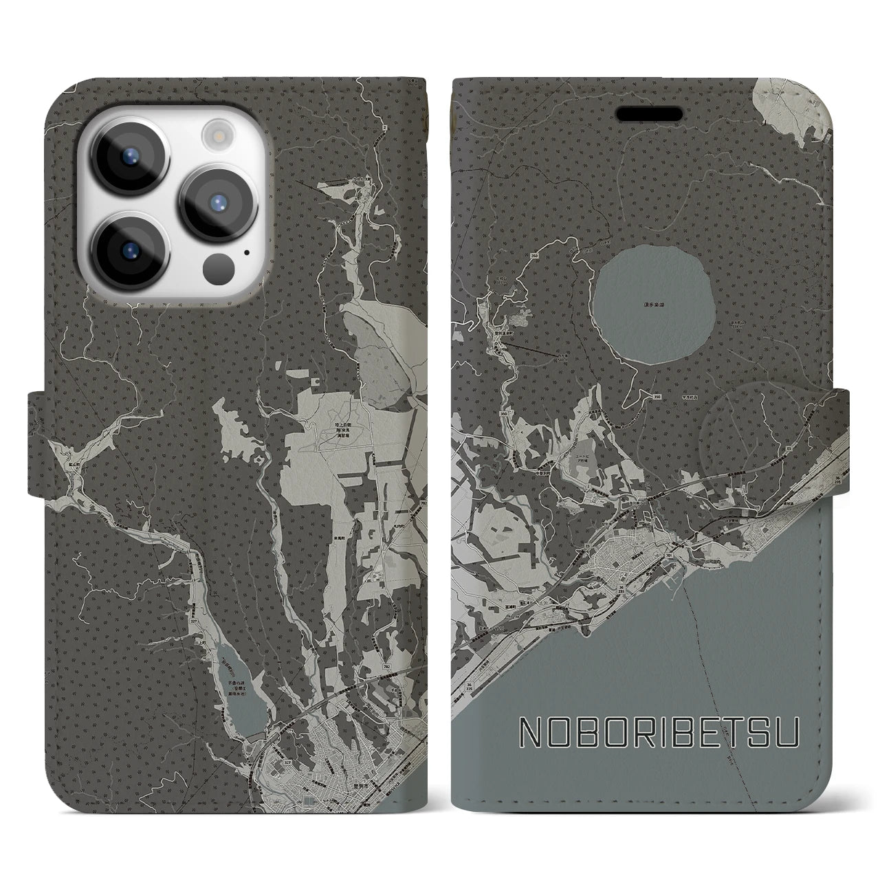 【登別(北海道)】地図柄iPhoneケース(手帳タイプ)モノトーン・iPhone 14 Pro 用