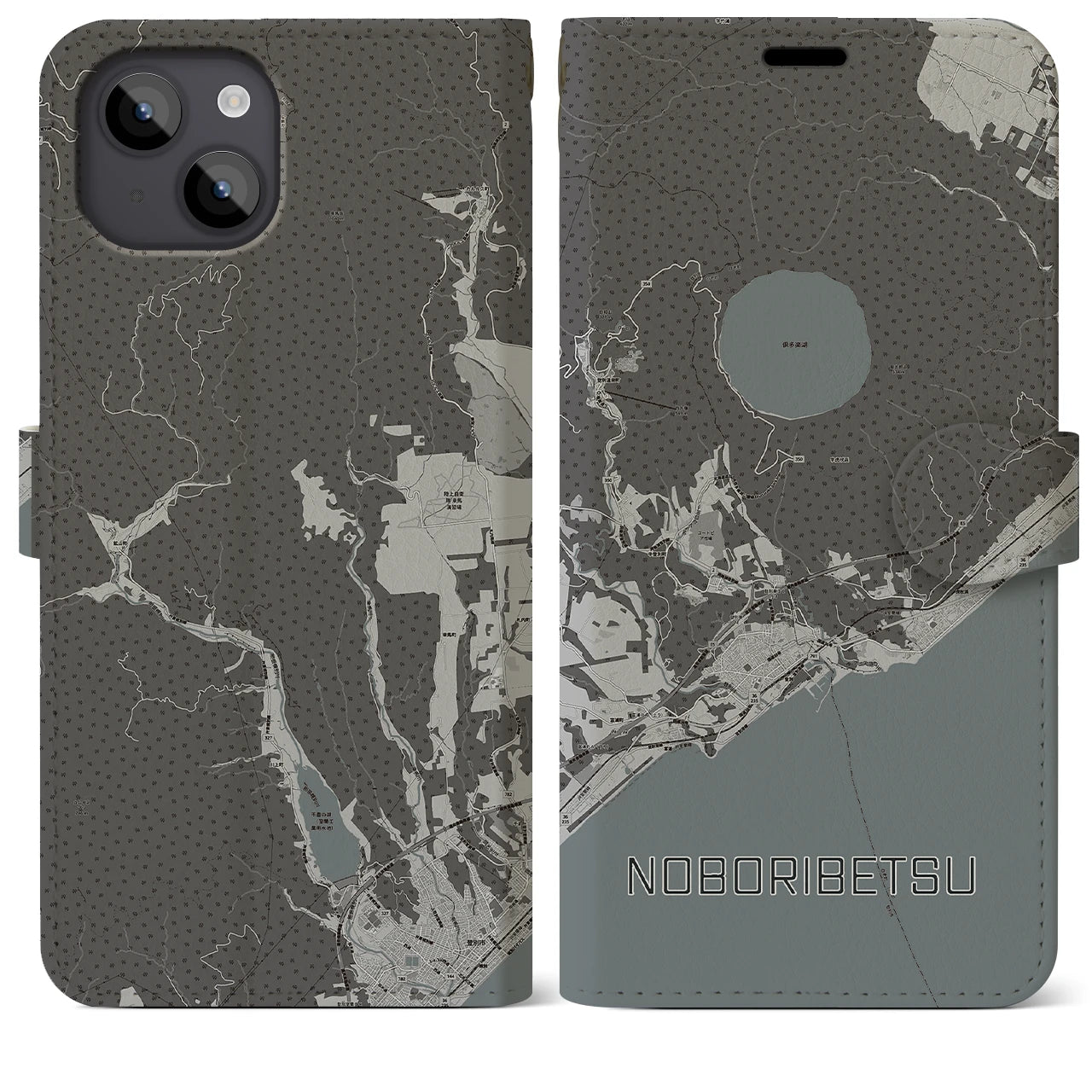 【登別(北海道)】地図柄iPhoneケース(手帳タイプ)モノトーン・iPhone 14 Plus 用