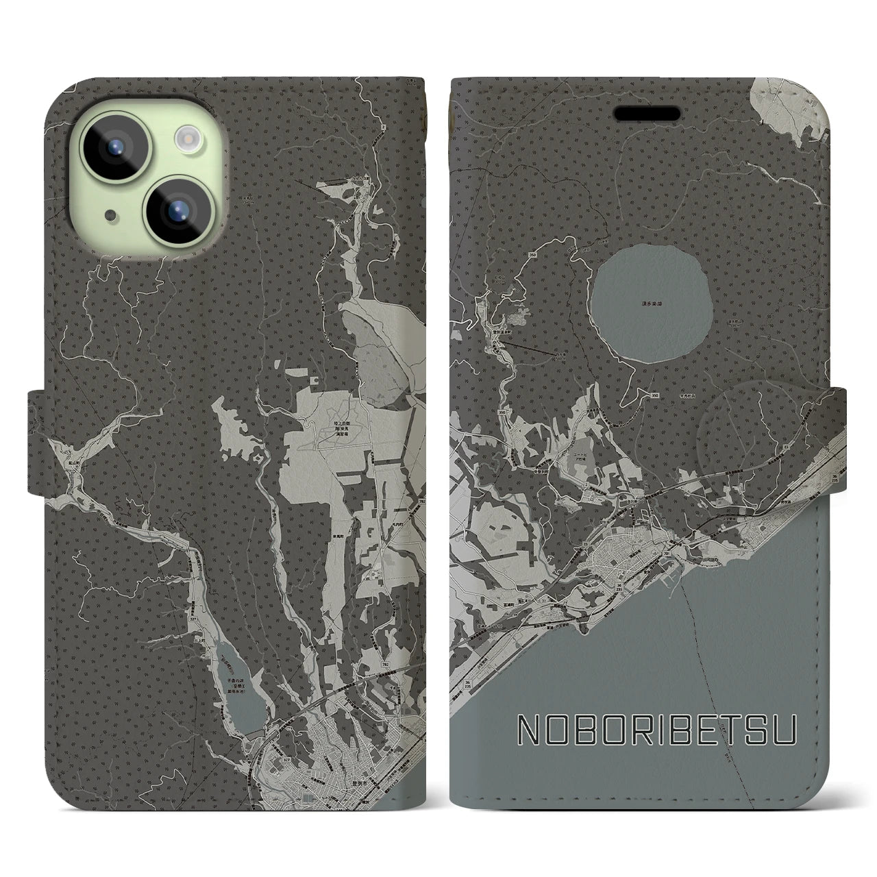 【登別(北海道)】地図柄iPhoneケース(手帳タイプ)モノトーン・iPhone 15 用