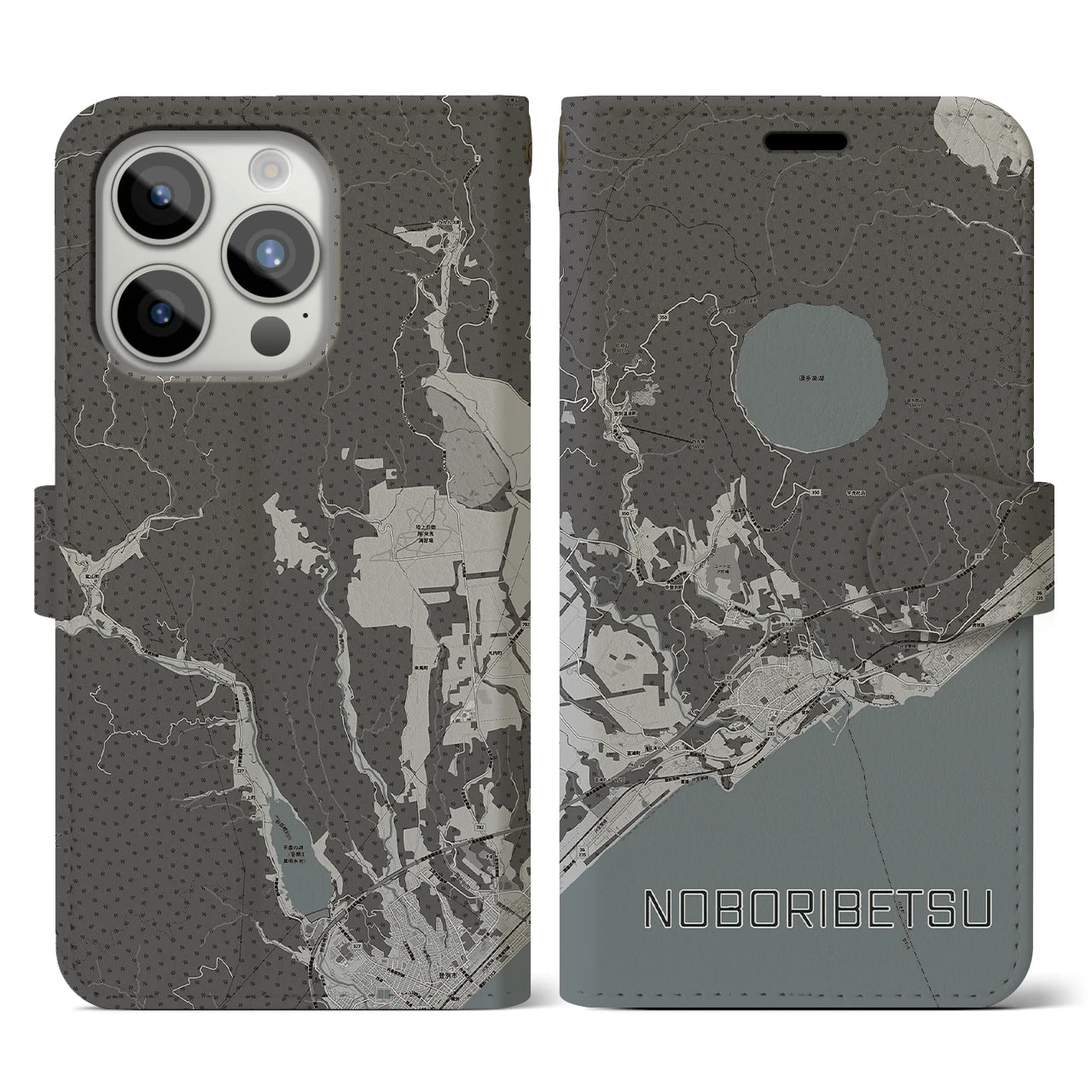 【登別(北海道)】地図柄iPhoneケース(手帳タイプ)モノトーン・iPhone 15 Pro 用