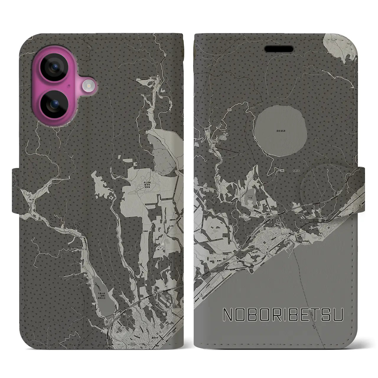 【登別(北海道)】地図柄iPhoneケース(手帳タイプ)モノトーン・iPhone 16 Pro 用