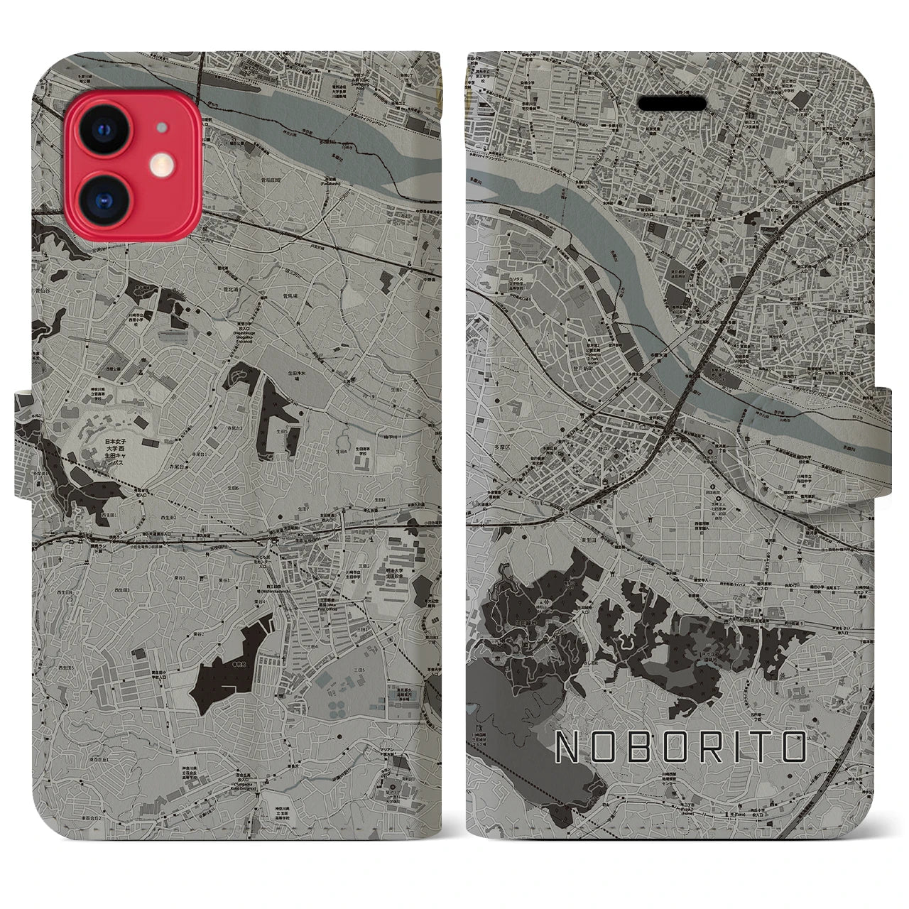 【登戸(神奈川県)】地図柄iPhoneケース(手帳タイプ)モノトーン・iPhone 11 用