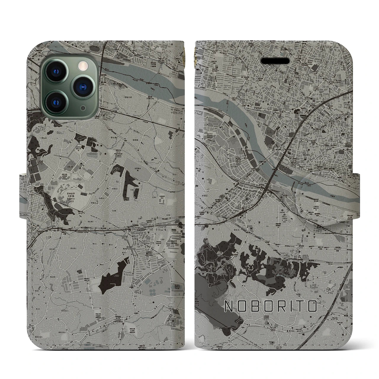 【登戸(神奈川県)】地図柄iPhoneケース(手帳タイプ)モノトーン・iPhone 11 Pro 用