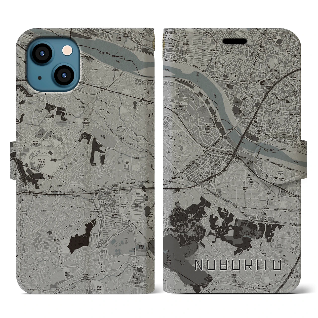【登戸(神奈川県)】地図柄iPhoneケース(手帳タイプ)モノトーン・iPhone 13 用