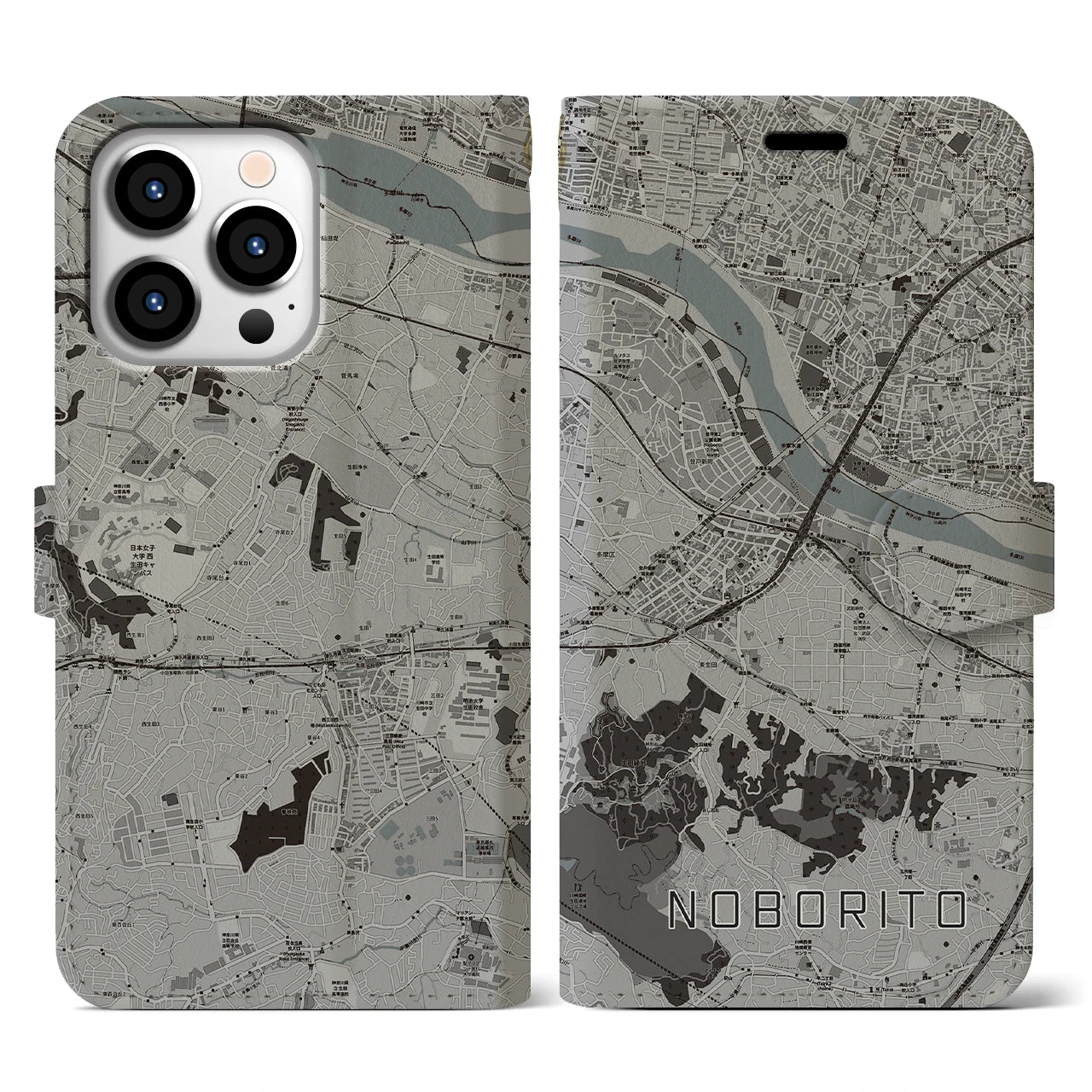 【登戸(神奈川県)】地図柄iPhoneケース(手帳タイプ)モノトーン・iPhone 13 Pro 用