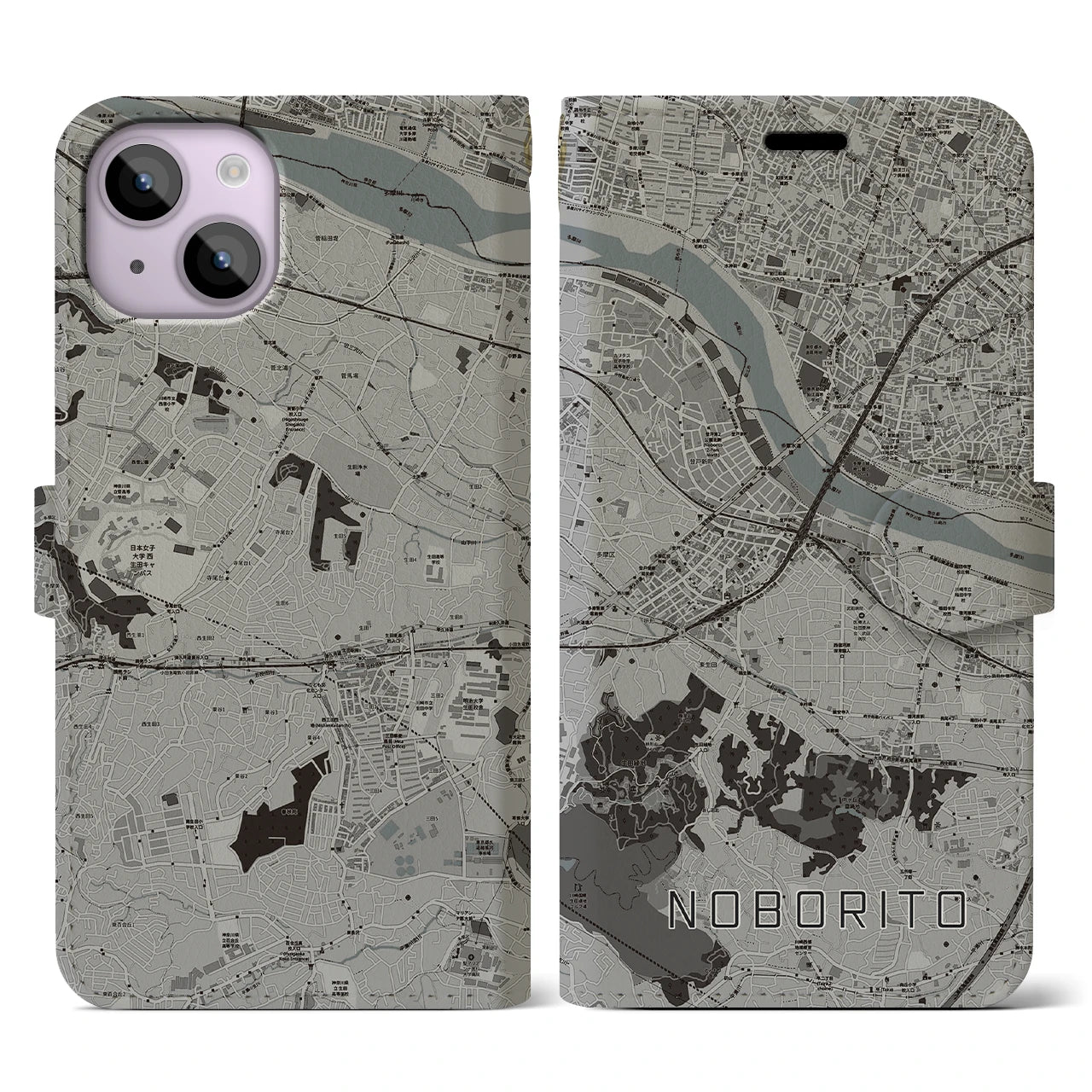 【登戸(神奈川県)】地図柄iPhoneケース(手帳タイプ)モノトーン・iPhone 14 用