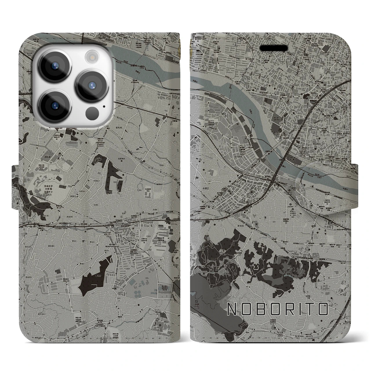 【登戸(神奈川県)】地図柄iPhoneケース(手帳タイプ)モノトーン・iPhone 14 Pro 用