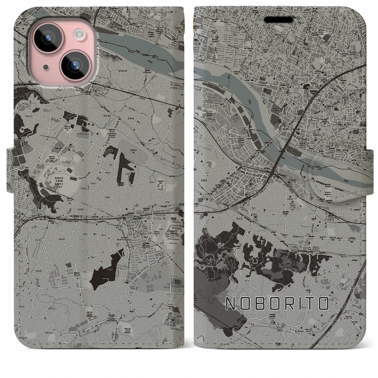 【登戸(神奈川県)】地図柄iPhoneケース(手帳タイプ)モノトーン・iPhone 15 Plus 用