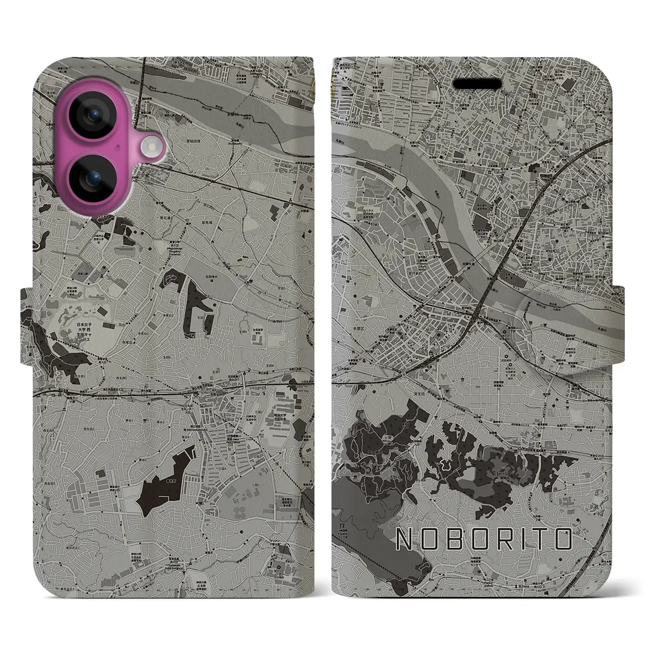 【登戸(神奈川県)】地図柄iPhoneケース(手帳タイプ)モノトーン・iPhone 16 Pro 用