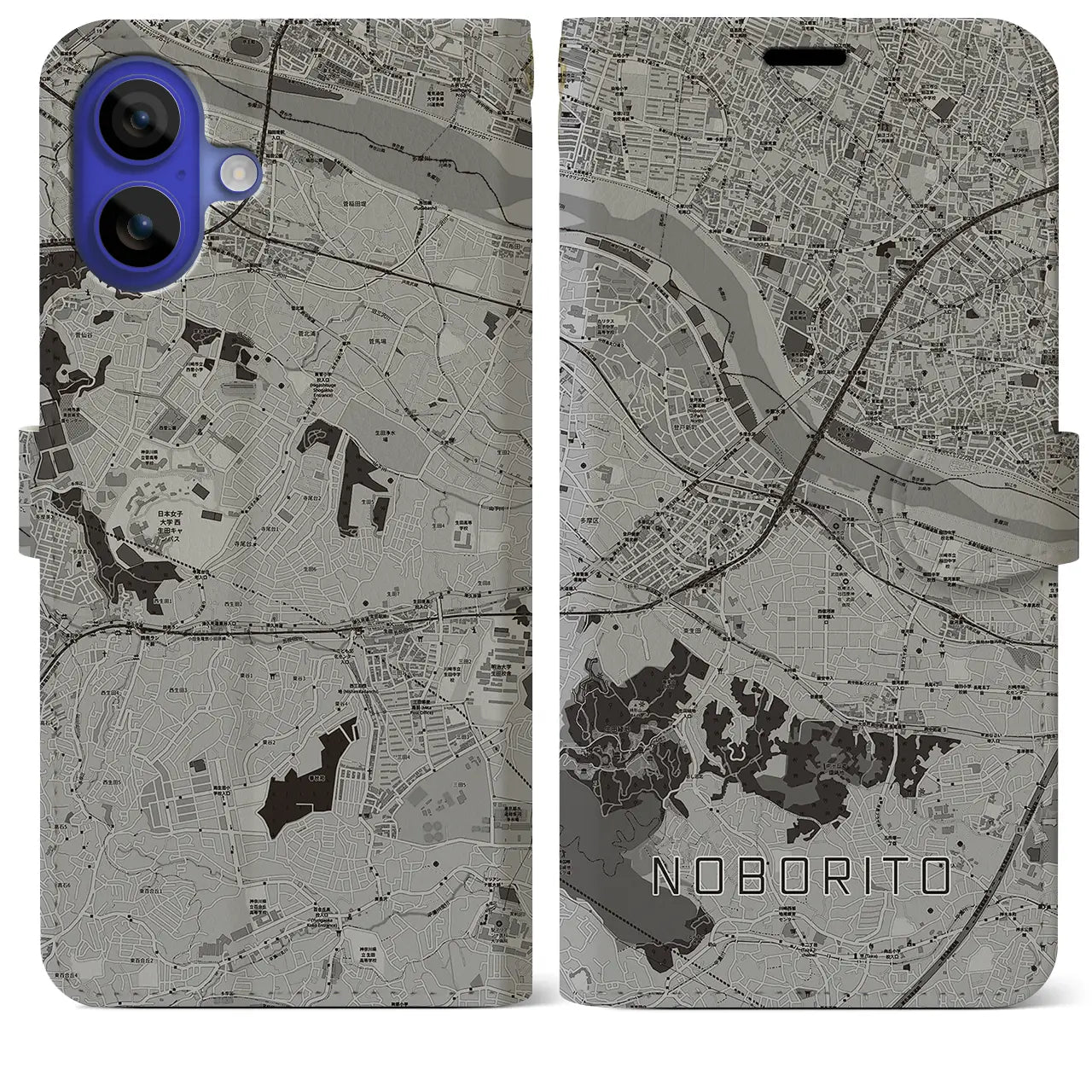 【登戸(神奈川県)】地図柄iPhoneケース(手帳タイプ)モノトーン・iPhone 16 Pro Max 用