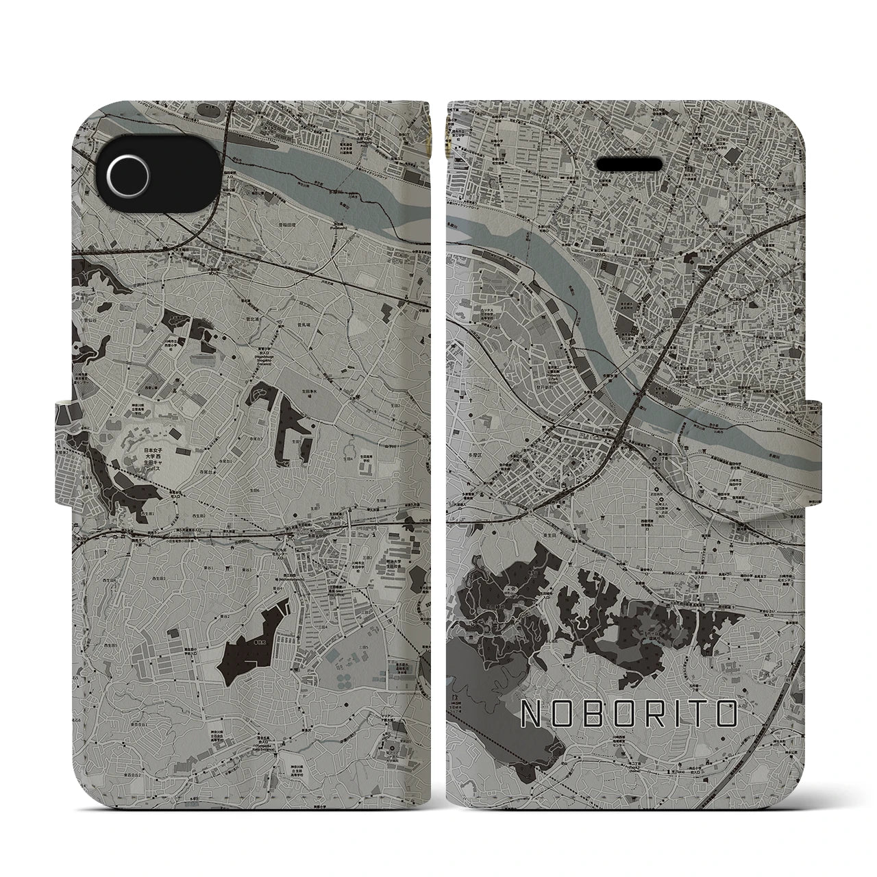 【登戸(神奈川県)】地図柄iPhoneケース(手帳タイプ)モノトーン・iPhone SE(第3 / 第2世代) / 8 / 7 / 6s / 6 用