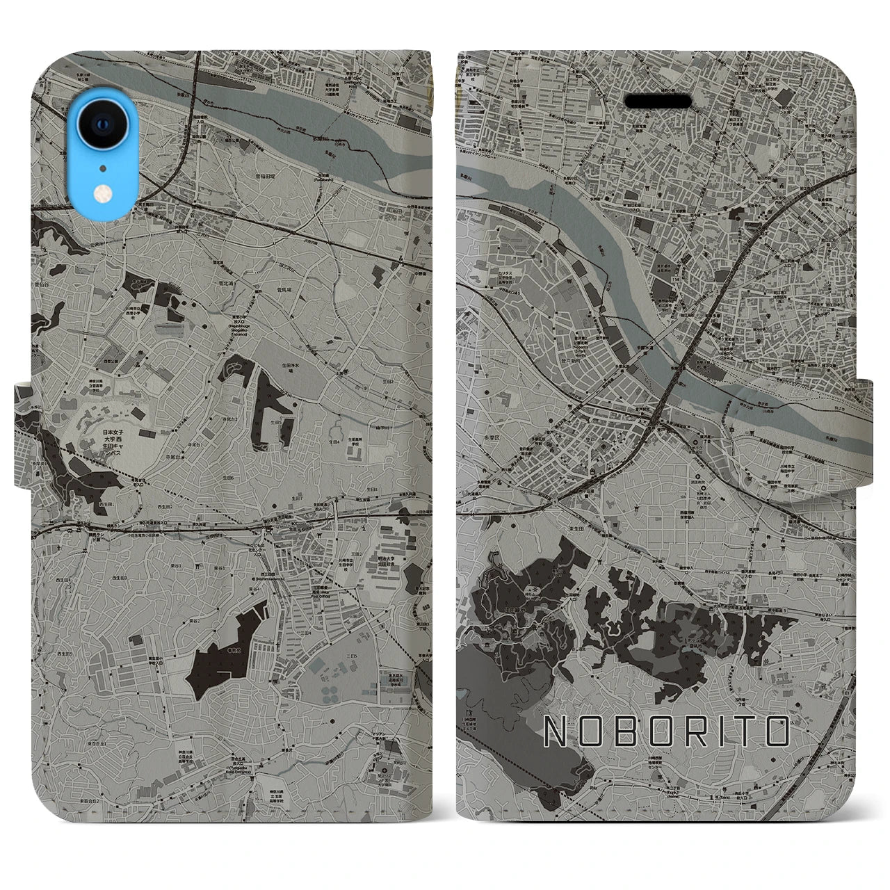 【登戸(神奈川県)】地図柄iPhoneケース(手帳タイプ)モノトーン・iPhone XR 用