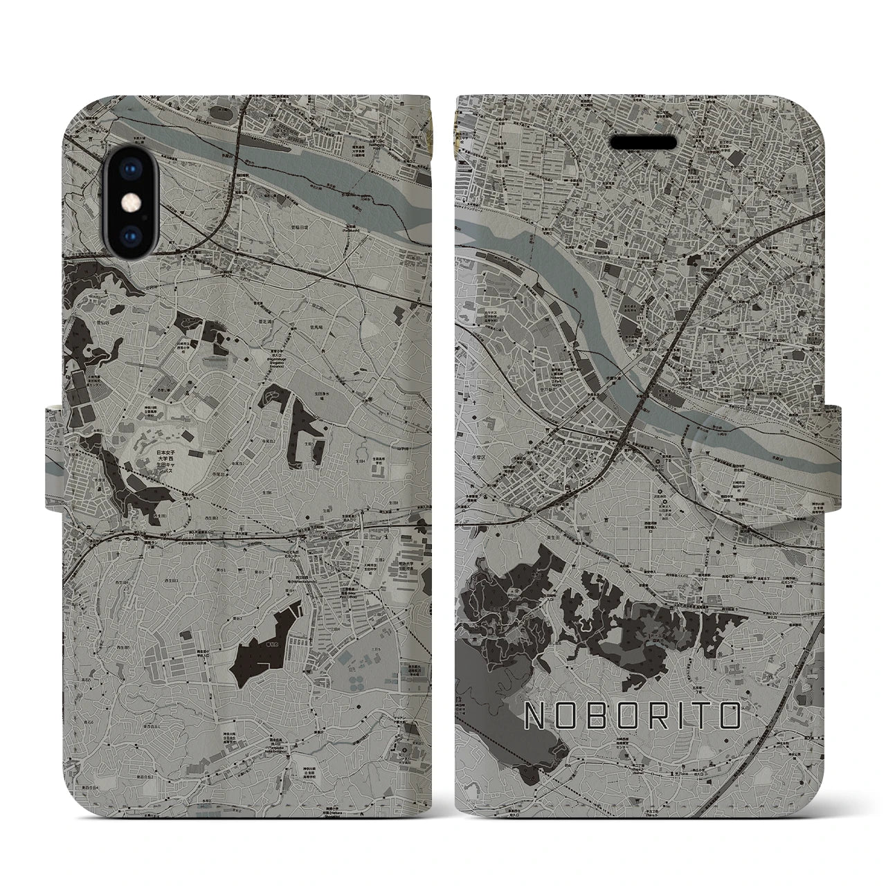 【登戸(神奈川県)】地図柄iPhoneケース(手帳タイプ)モノトーン・iPhone XS / X 用