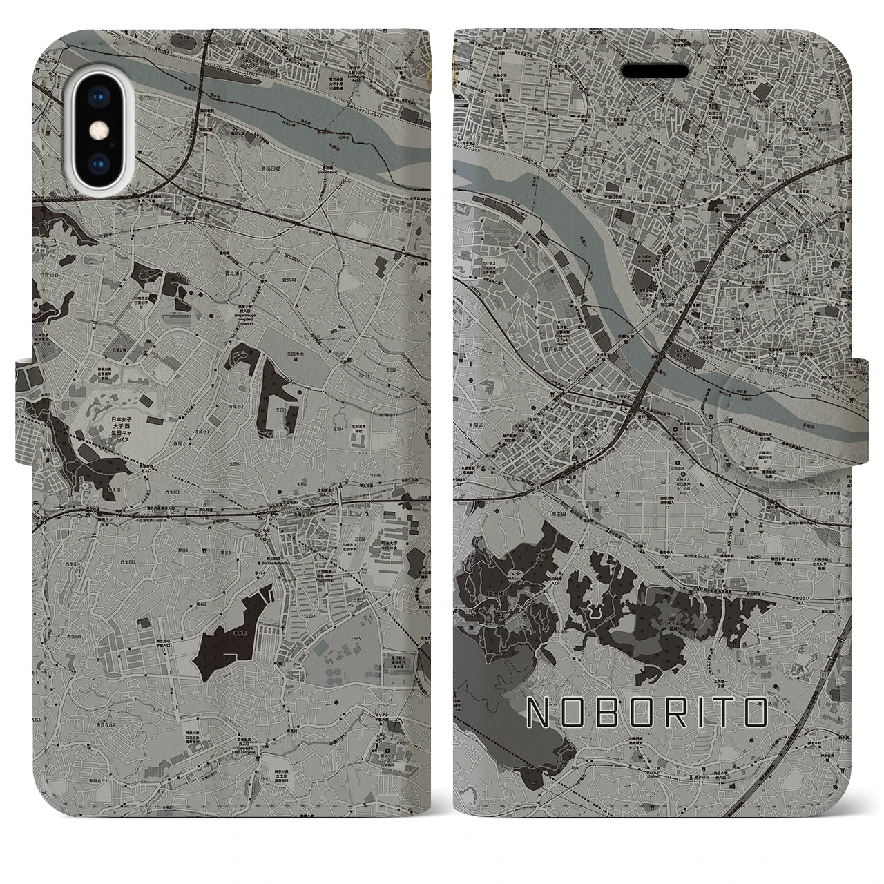 【登戸(神奈川県)】地図柄iPhoneケース(手帳タイプ)モノトーン・iPhone XS Max 用