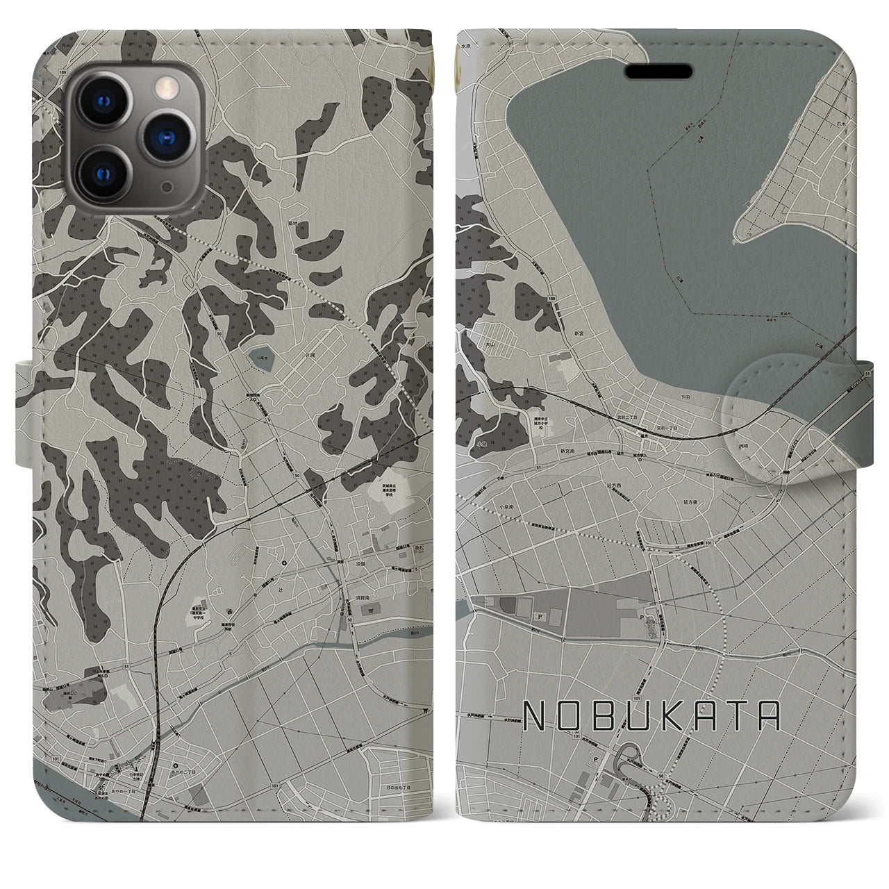 【延方(茨城県)】地図柄iPhoneケース(手帳タイプ)モノトーン・iPhone 11 Pro Max 用