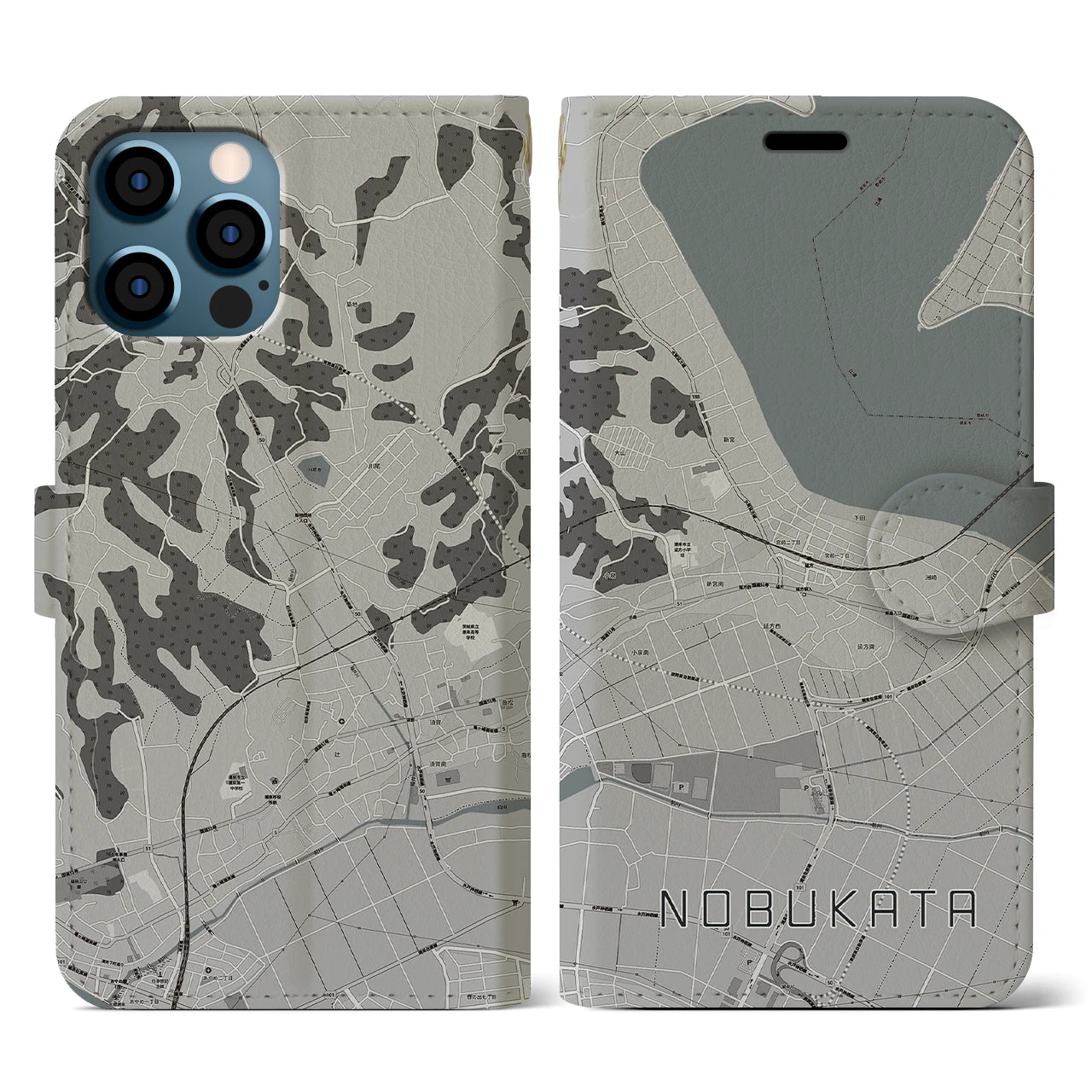 【延方(茨城県)】地図柄iPhoneケース(手帳タイプ)モノトーン・iPhone 12 / 12 Pro 用